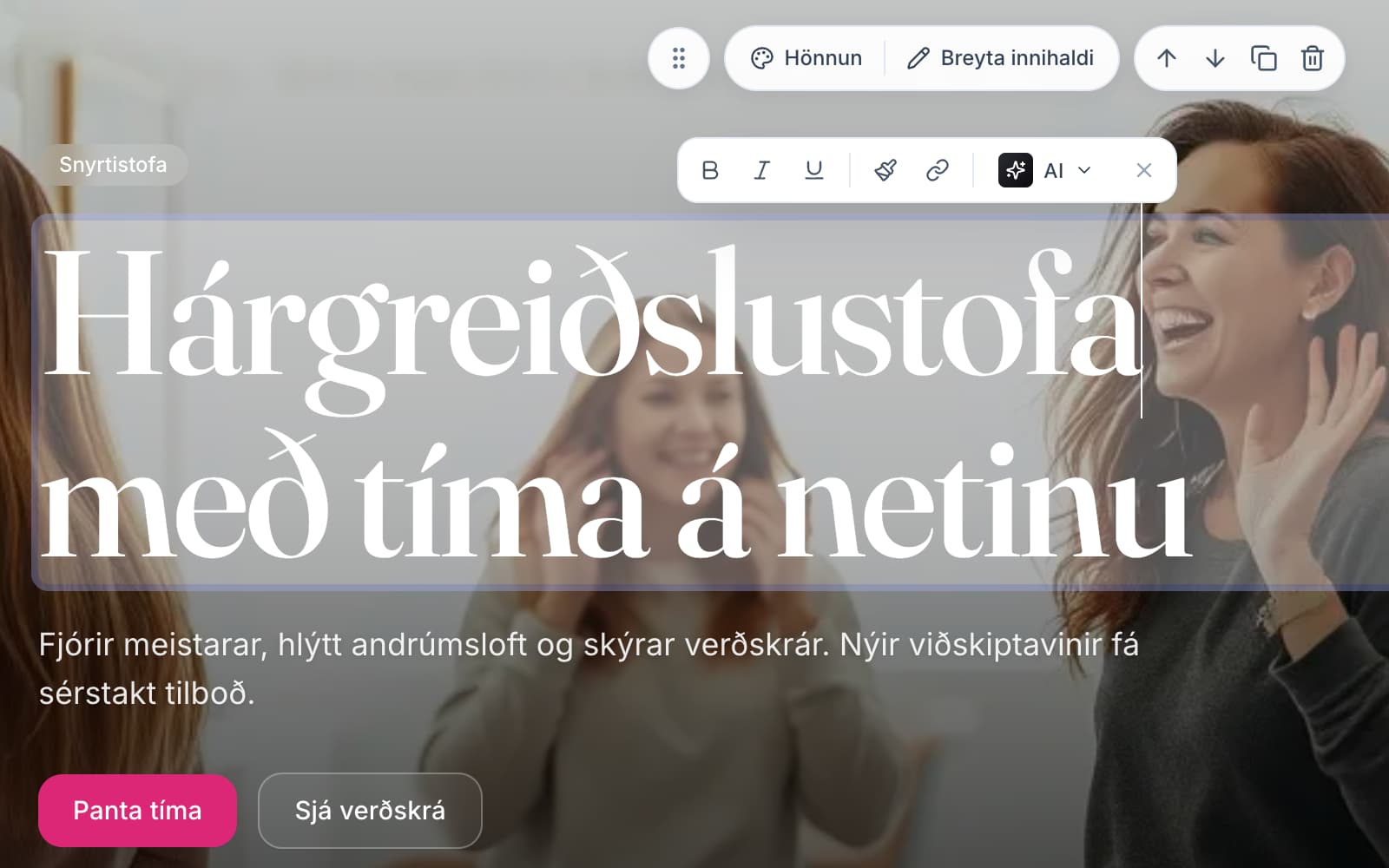 Model-ritillinn með opna forsíðu í vinnslu: vinstri sidebar með verkfærum, sýnileg section á canvas og action-bar til að breyta innihaldi.