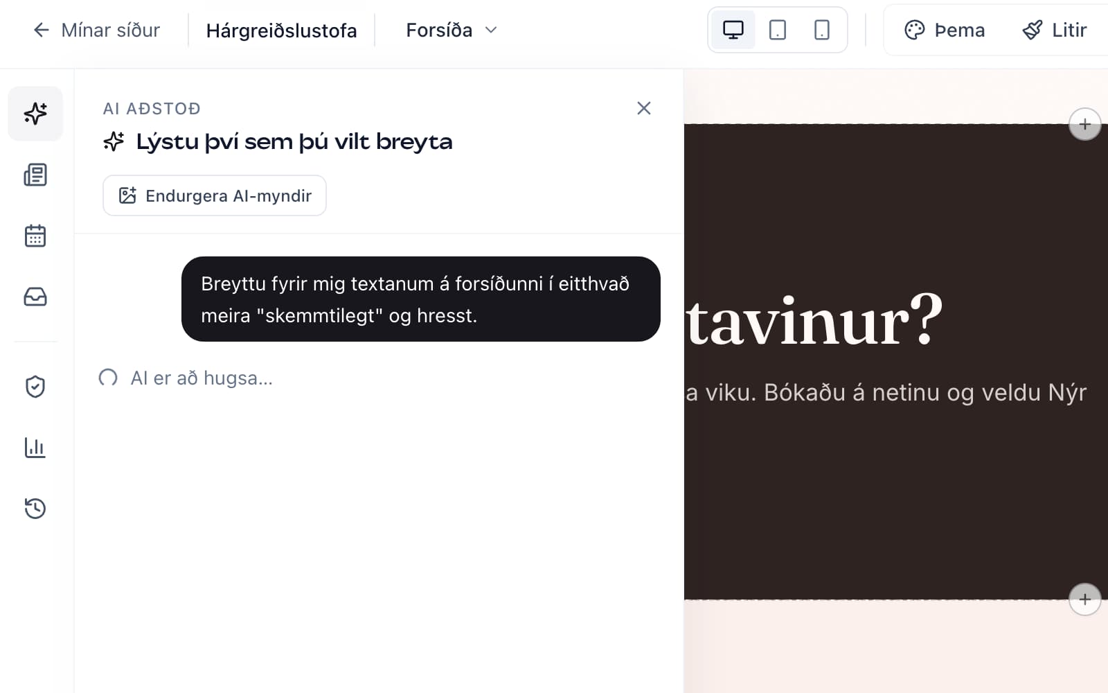 AI-aðstoð opin yfir völdu svæði í ritlinum með prompt-reit og tillögum sem breyta efninu á staðnum.