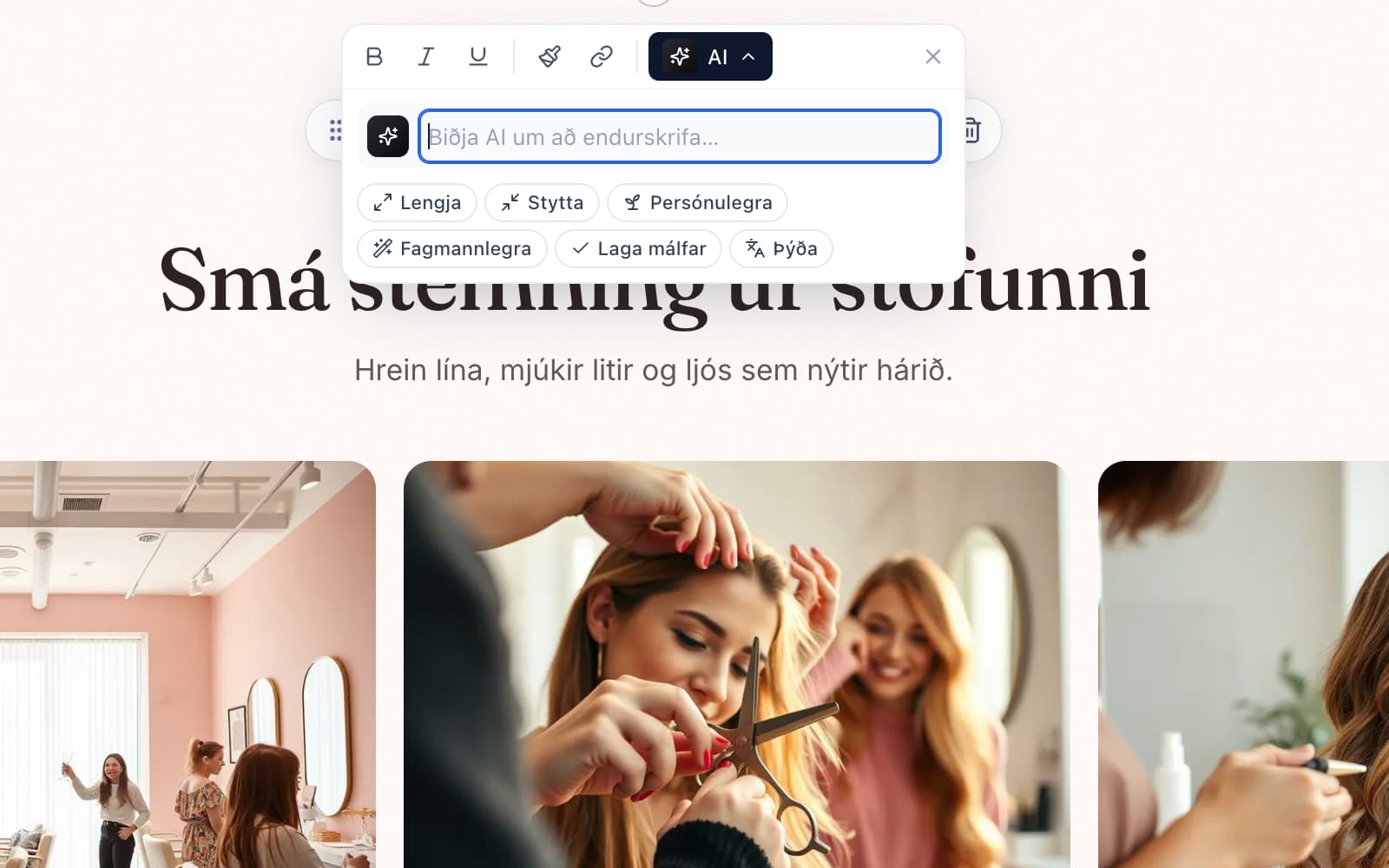 Textaritill með efnisdrögum og aðgerðahnöppum eins og „styttu", „gerðu formlegra" og „skrifaðu meira".