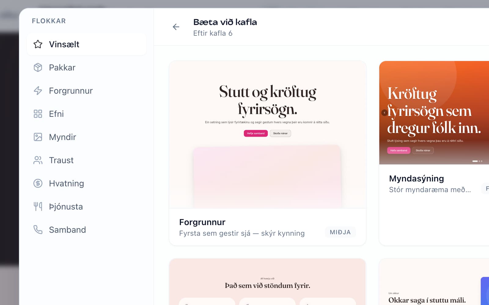 Litapalletta, letrunartillögur og myndir hlið við hlið yfir forskoðun af síðu með samræmdu útliti.