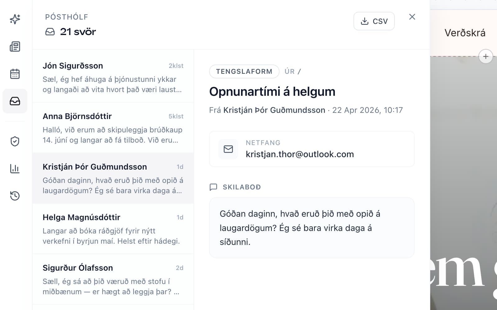 Pósthólf og bókunardagbók í Model með nýjum fyrirspurnum og komandi tímum hlið við hlið.