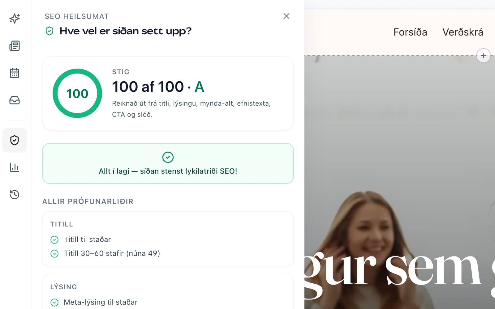 SEO-heilsumat með einkunn, ábendingum í forgangsröð og forskoðun af því hvernig síðan birtist í Google-leit.