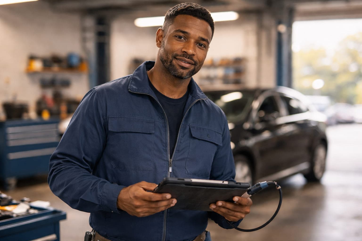 Bifvélavirki á verkstæði að vinna í bíl.