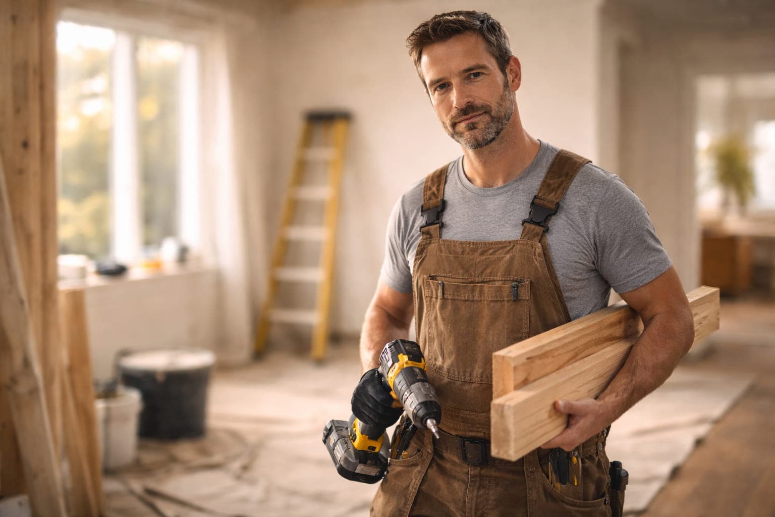 Iðnaðarmaður með verkfæri á verkstæði.