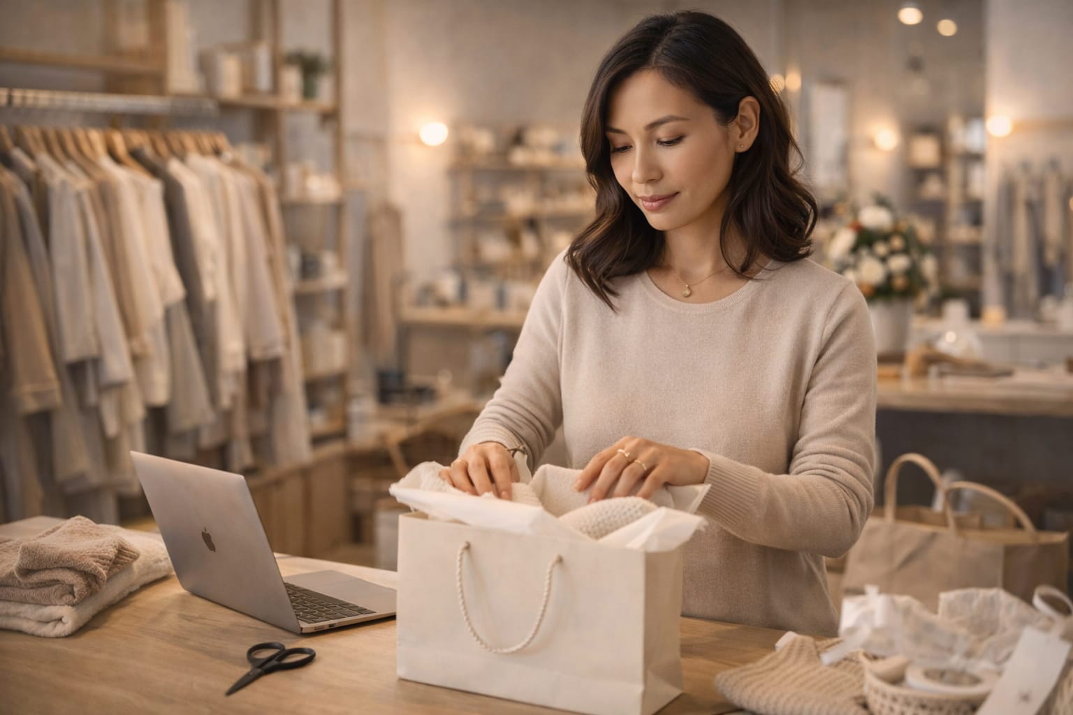 Verslunarfólk í lítilli sérvöruverslun.