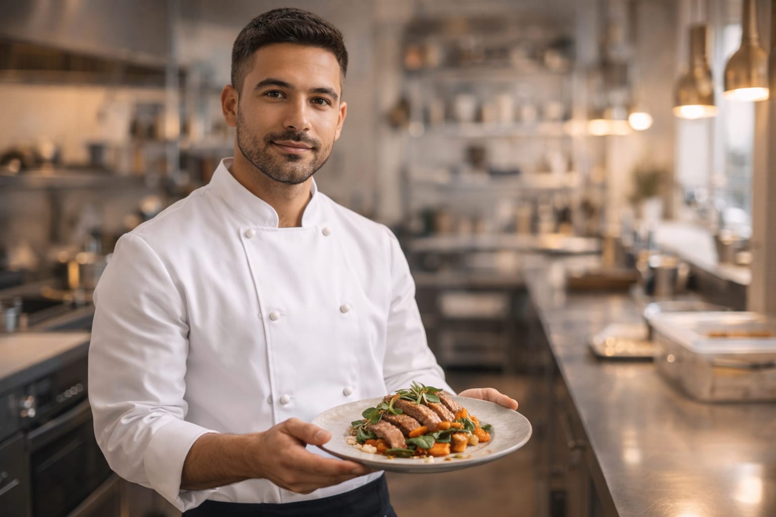 Matreiðslumaður sem heldur á diski á veitingastað.
